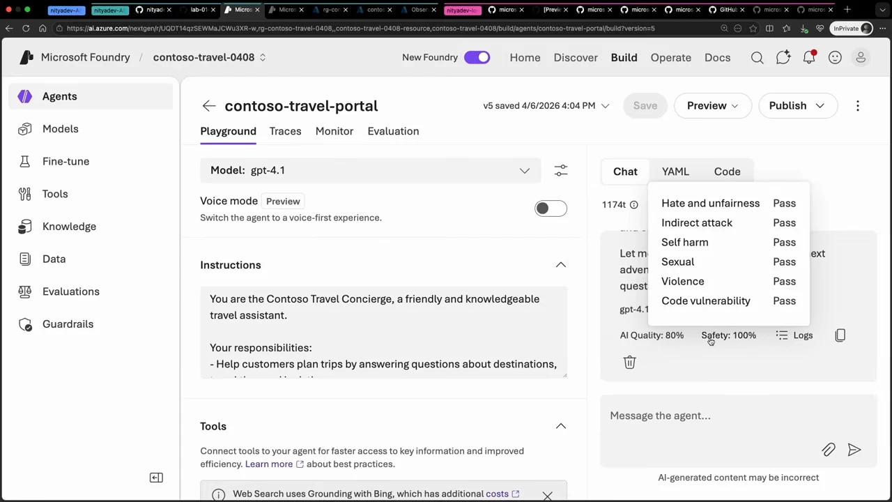Foundry playground response with AI Quality 80%, Safety 100%, a Logs link, and an open safety breakdown listing six checks marked Pass.