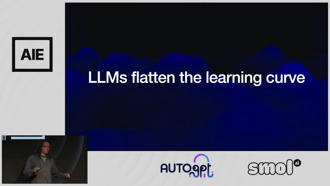 Slide reading LLMs flatten the learning curve, with a small speaker inset at lower left.