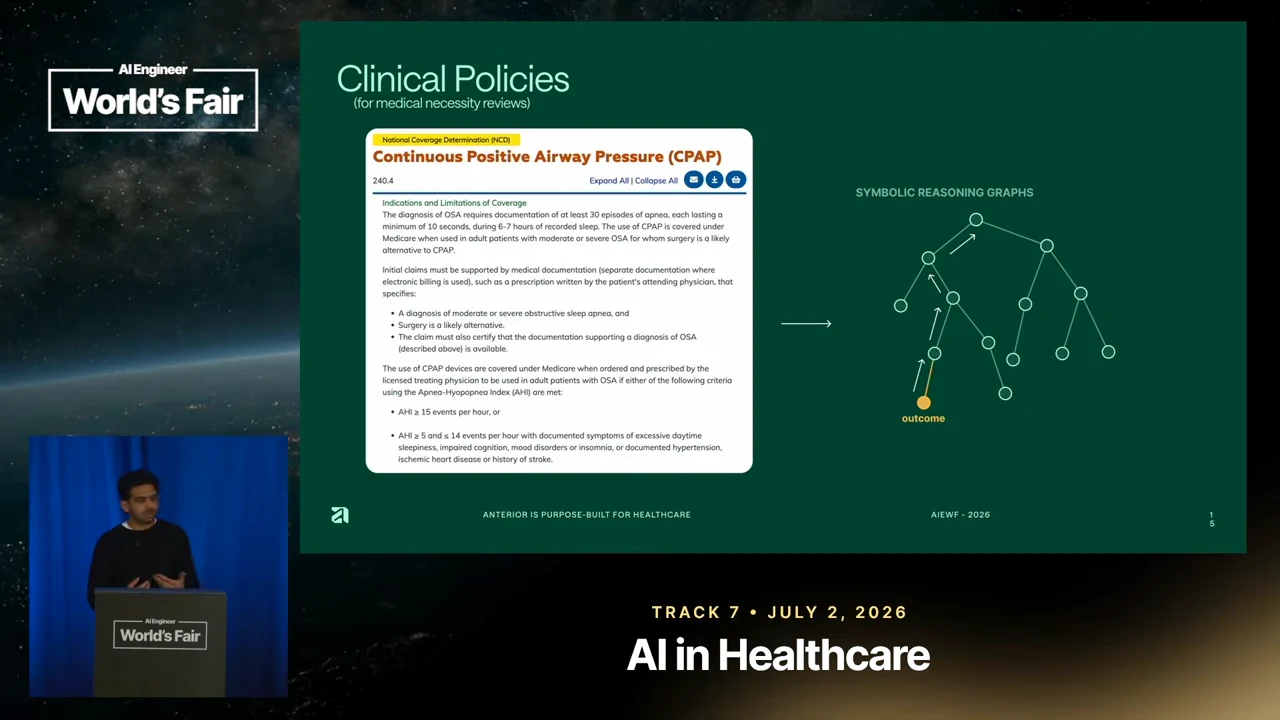 Clinical Policies slide showing a CPAP policy document on the left and a branching graph on the right, with arrows along one path and a yellow outcome node.