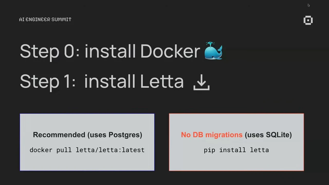Slide recommending a Docker installation using Postgres, alongside a pip installation using SQLite with no database migrations.