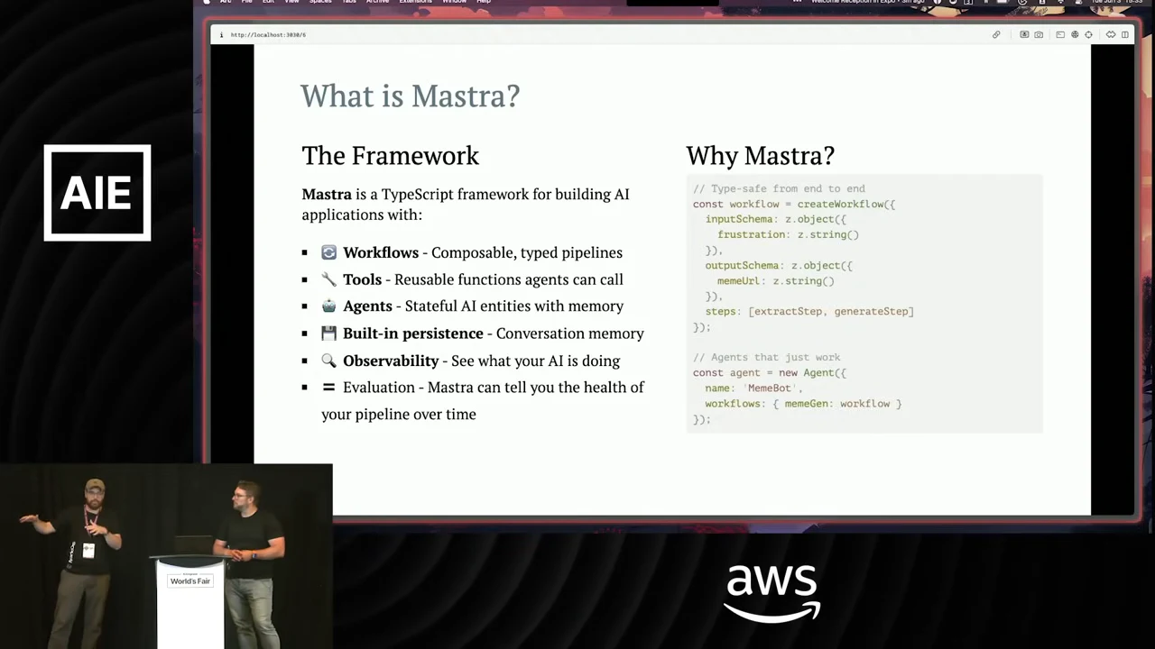 What is Mastra slide listing workflows, tools, agents, persistence, observability, and evaluation beside a TypeScript example.