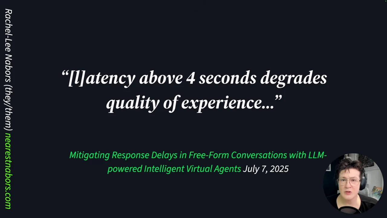 Slide quoting a four-second latency threshold, with a research citation below and the speaker inset at bottom right.