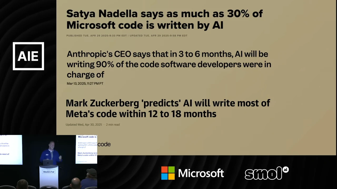 Three headlines cite 30% of Microsoft code, a prediction of 90% from Anthropic’s CEO, and most of Meta’s code within 12 to 18 months.