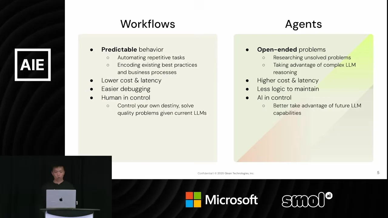 Two columns contrast predictable workflows with lower cost, easier debugging, and human control against open-ended agents with higher cost, less logic to maintain, and AI control.