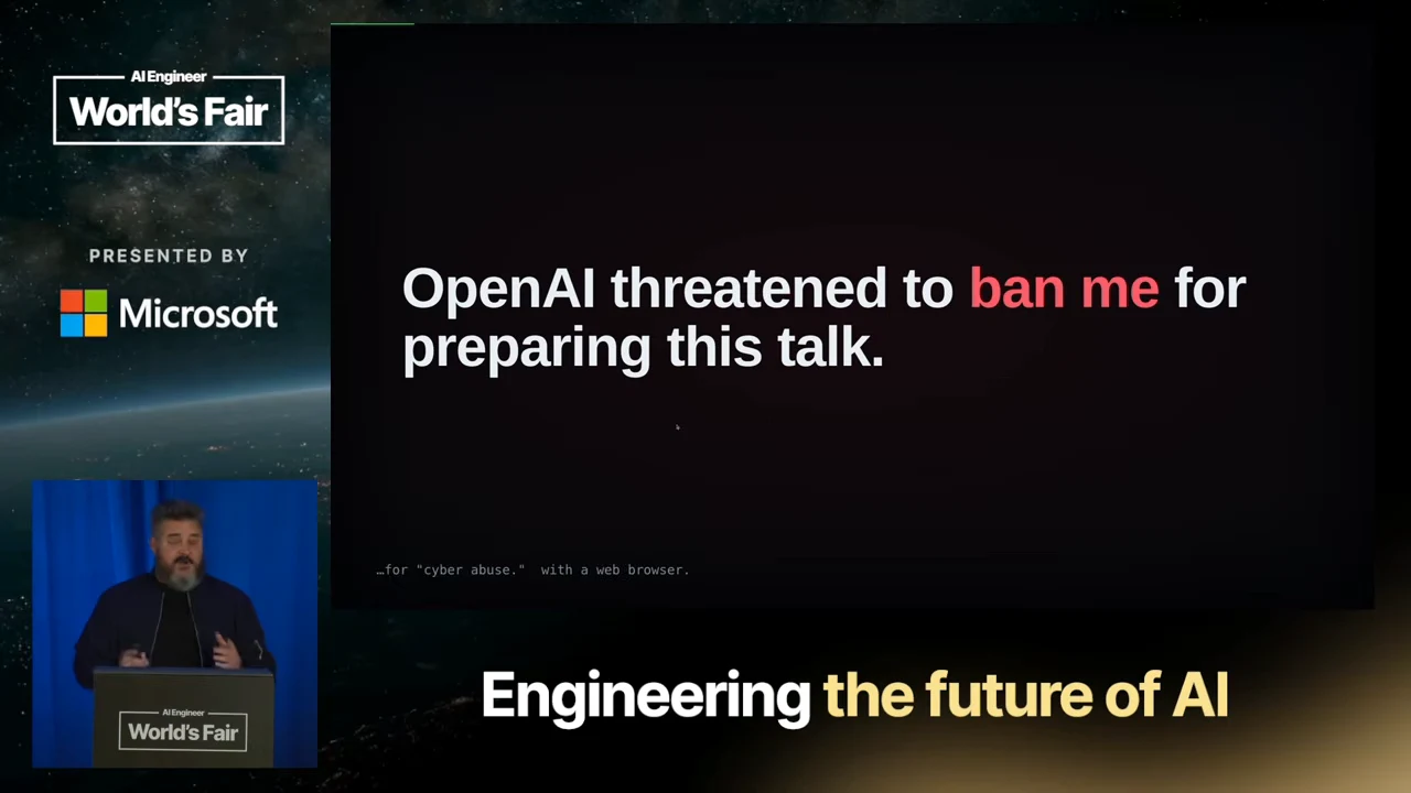 Dark slide with the opening claim in white and “ban me” highlighted in red; the speaker appears at lower left.