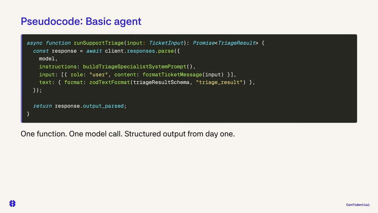 Basic agent pseudocode shows a function sending instructions and user input to a model and returning parsed output.