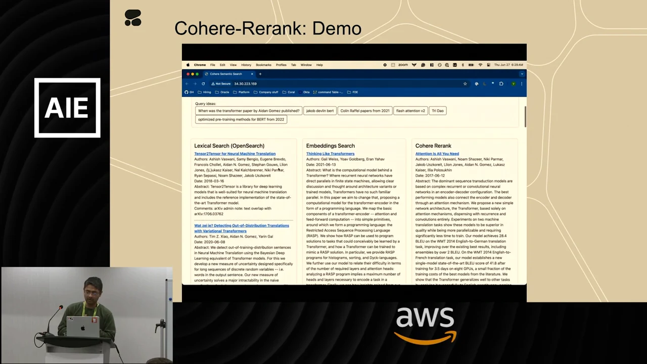 Cohere-Rerank demo with a query above three result columns labeled Lexical Search (OpenSearch), Embeddings Search and Cohere Rerank. Attention Is All You Need appears first in the rerank column.