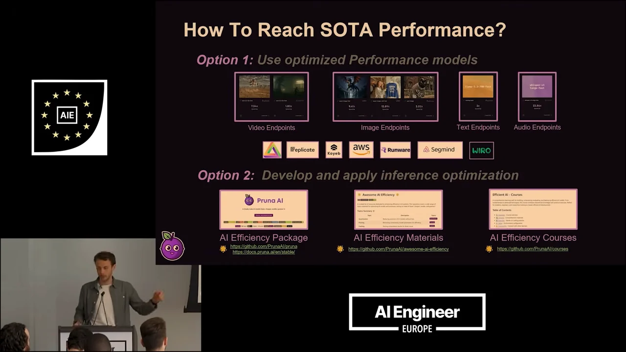 Slide titled “How To Reach SOTA Performance?” showing video, image, text, and audio endpoints above resources labeled AI Efficiency Package, AI Efficiency Materials, and AI Efficiency Courses.