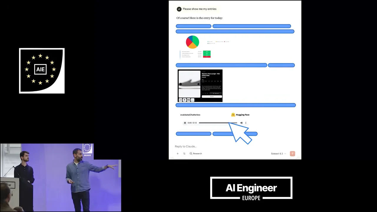 Chat mockup with blue text bars, a pie chart, embedded media, and a large cursor pointing at a Hugging Face audio player.
