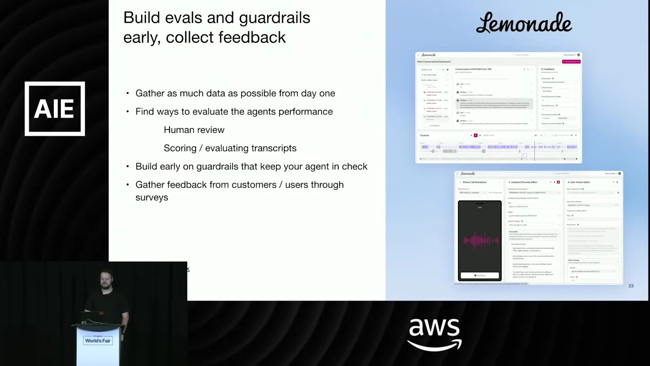 Slide titled “Build evals and guardrails early, collect feedback,” with evaluation and feedback bullets beside two Lemonade screenshots, including an audio waveform.
