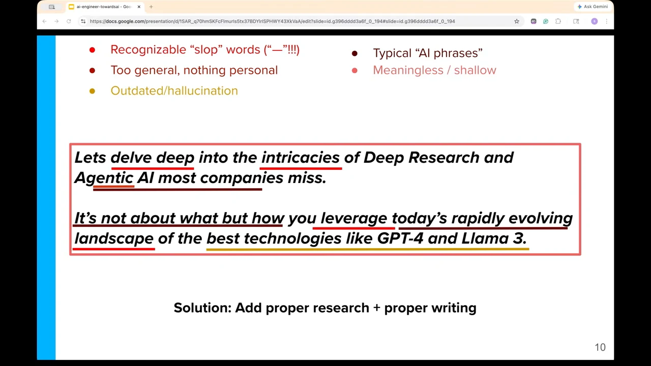 An example post with colored underlines and a surrounding red box. Five bullets identify writing problems; the bottom line reads “Solution: Add proper research + proper writing.”