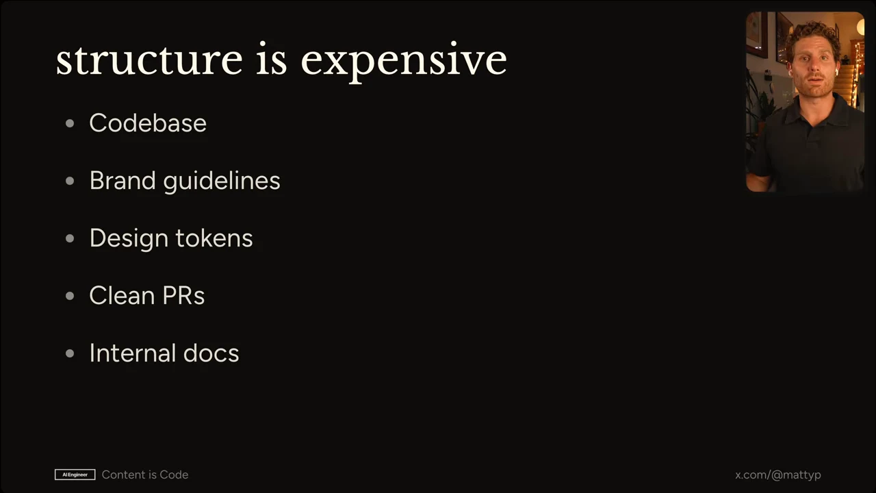 Slide titled “structure is expensive” with five bullets: Codebase, Brand guidelines, Design tokens, Clean PRs, and Internal docs.