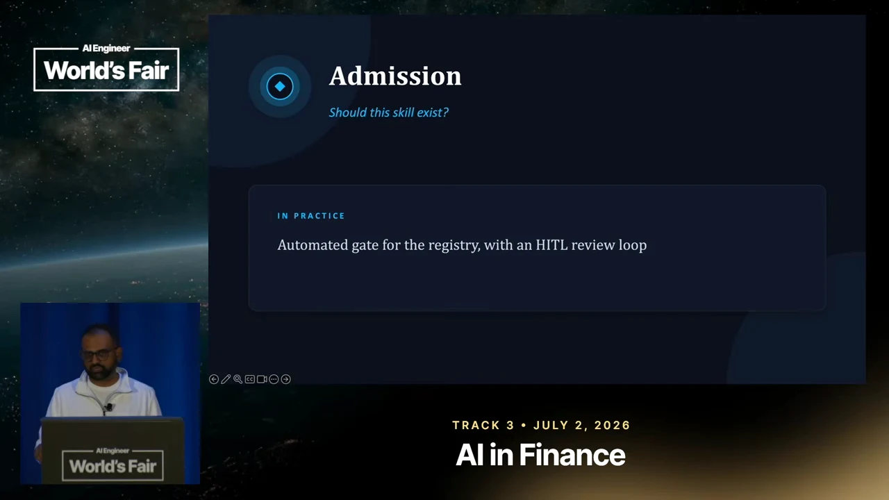 “Admission” slide asking “Should this skill exist?” and stating “Automated gate for the registry, with an HITL review loop.”