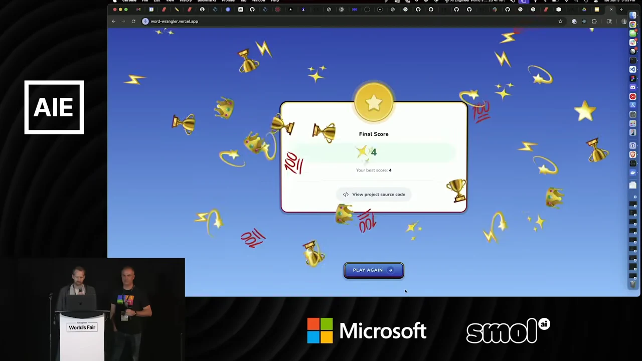 A browser game result panel shows “Final Score,” a score of 4, a gold star medal, celebratory graphics, and a “PLAY AGAIN” button.
