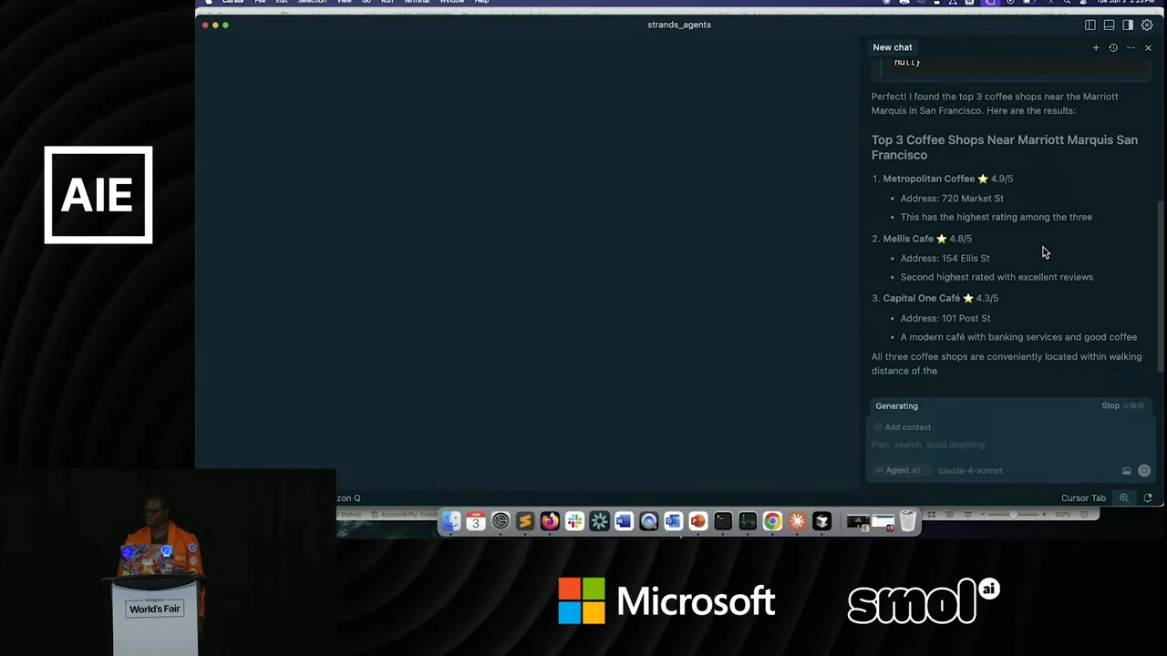 Chat response listing Metropolitan Coffee, Mells Cafe, and Capital One Café with ratings and addresses.