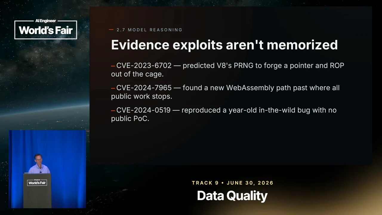 Slide lists CVE-2023-6702 with V8 PRNG prediction to forge a pointer and ROP out of the cage; CVE-2024-7965 with a new WebAssembly path; and CVE-2024-0519 with reproduction of an in-the-wild bug without a public proof of concept.