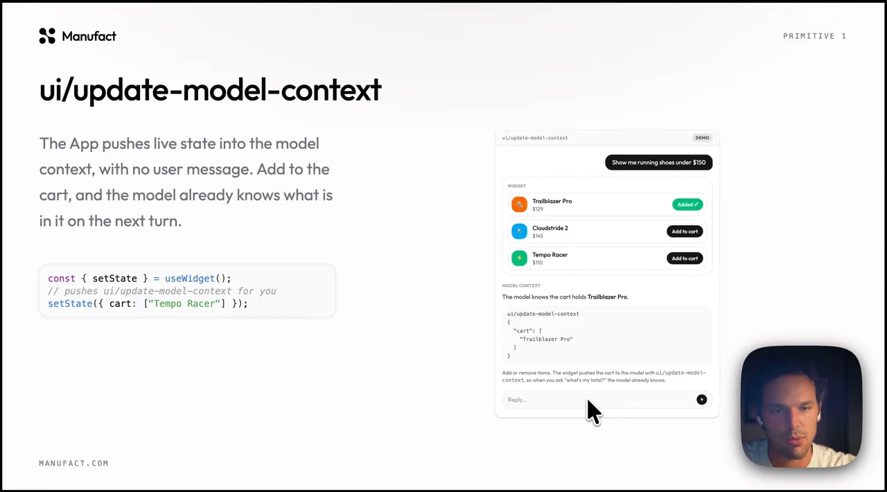 Slide titled ui/update-model-context with a code example and shopping widget showing Trailblazer Pro marked Added and included in the model context cart.
