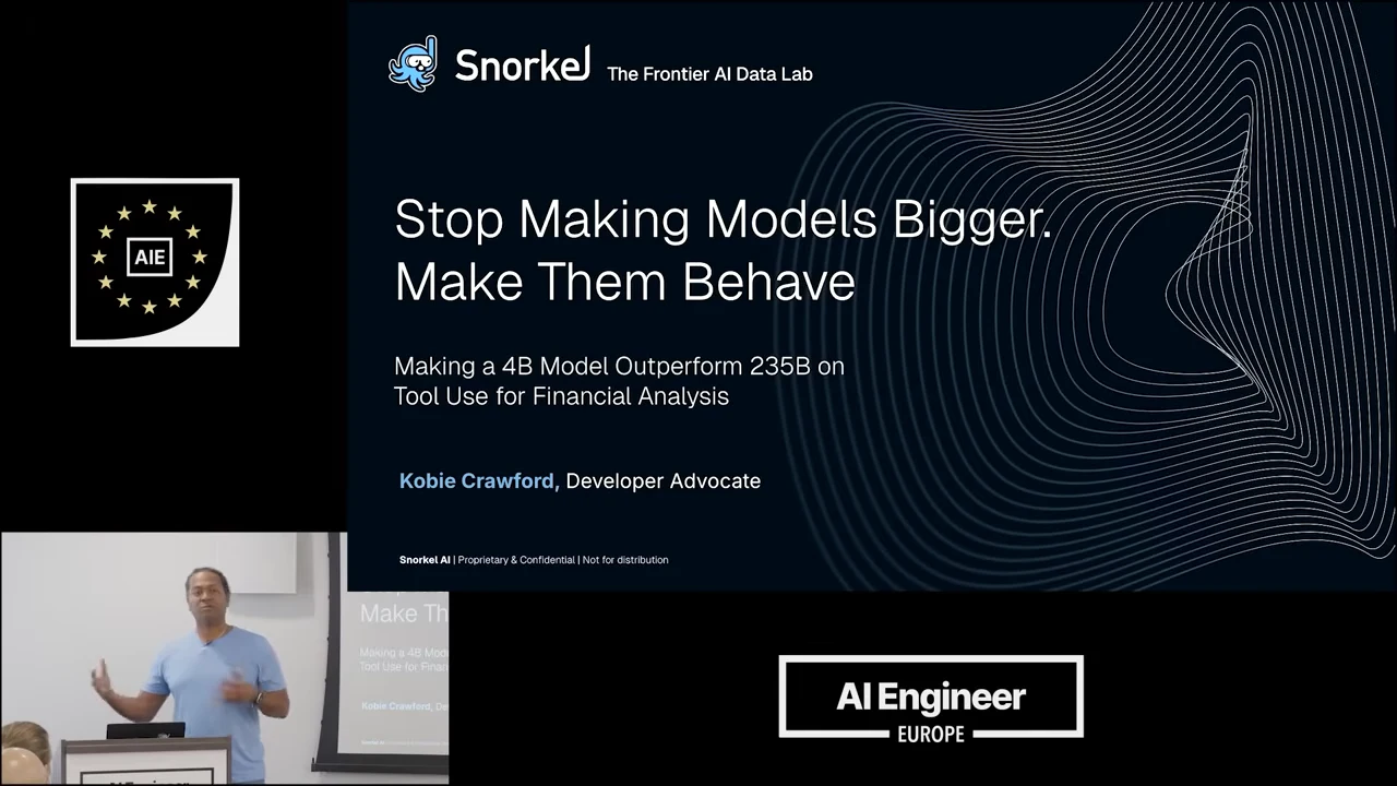 Snorkel title slide describing a 4B model outperforming 235B on tool use for financial analysis, with Kobie Crawford in a speaker inset.