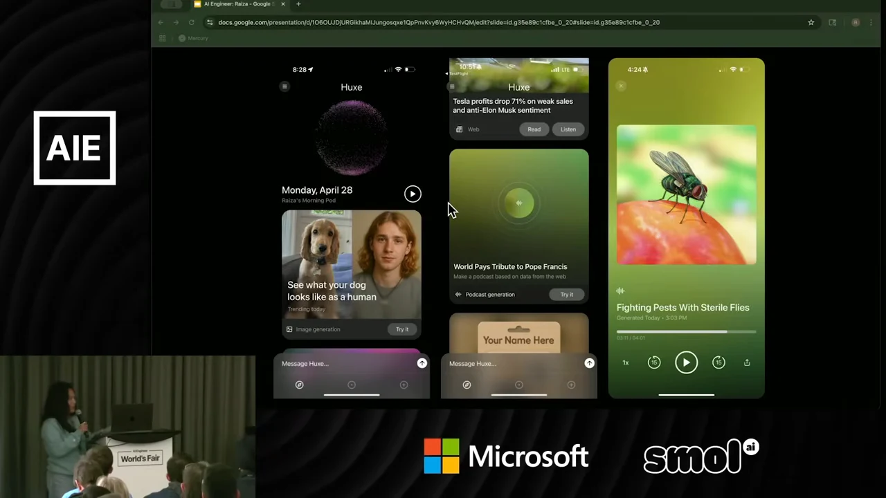 Three mobile screens show a dog-and-human image card, assorted content cards, message fields, and an audio player titled Fighting Pests With Sterile Flies.