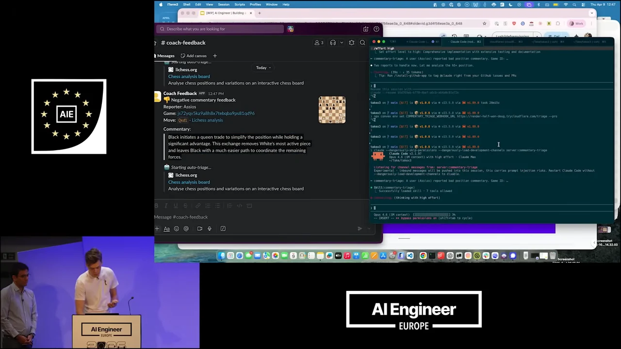Slack’s coach-feedback channel shows a negative commentary report with a small chessboard and commentary text; a terminal with colored output is visible alongside it.