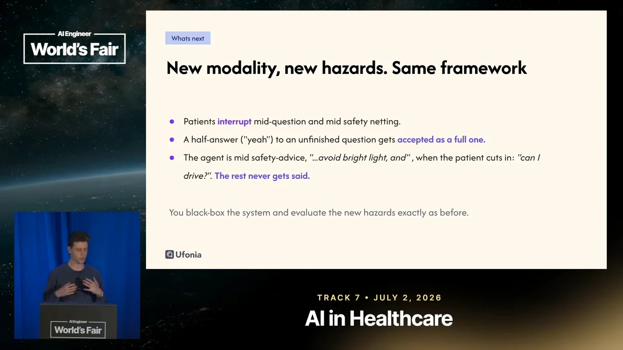 Slide titled “New modality, new hazards. Same framework” lists interruptions, half-answers accepted as full answers, and interrupted safety advice that never resumes. A closing line says to black-box the system and evaluate the new hazards as before.