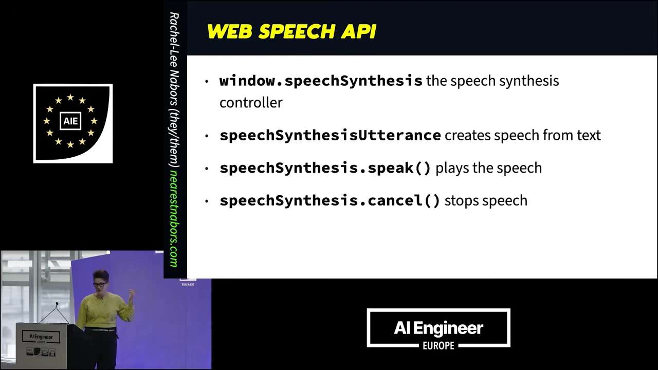 Web Speech API slide listing window.speechSynthesis, SpeechSynthesisUtterance, speechSynthesis.speak(), and speechSynthesis.cancel() with descriptions.