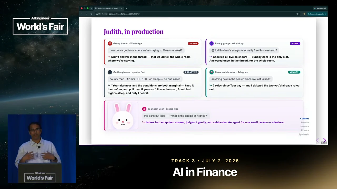 Slide titled “Judith, in production” with four example cards above a pink child-learning panel featuring a white rabbit character.