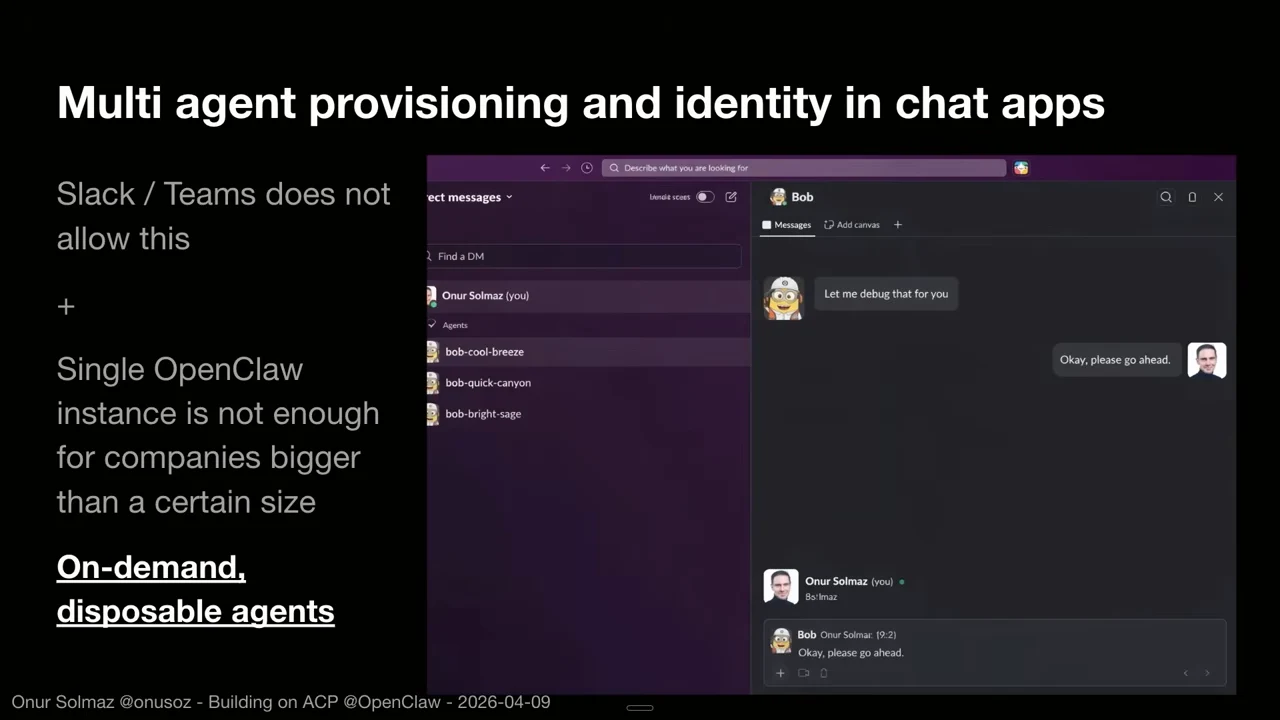 Slide pairing a chat interface with several agent names and text calling for on-demand, disposable agents.