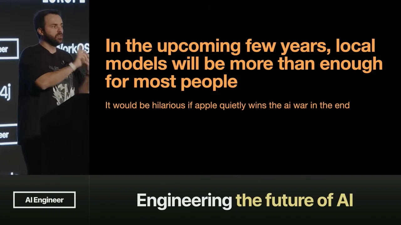 Kitze beside a slide stating that local models will be more than enough for most people in the upcoming few years, with a subtitle speculating about Apple winning the AI race.