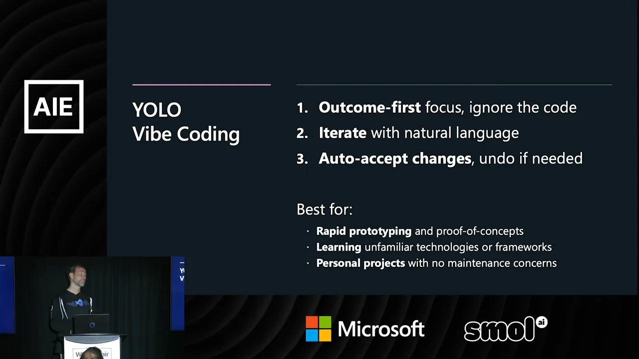 YOLO Vibe Coding slide lists outcome-first focus, natural-language iteration, and auto-accept with undo; recommended uses include rapid prototyping, learning unfamiliar technologies, and personal projects without maintenance concerns.