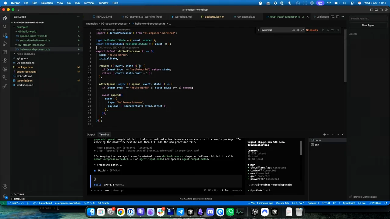 Code editor showing a hello-world processor with a count state, reduce function, and afterAppend function.
