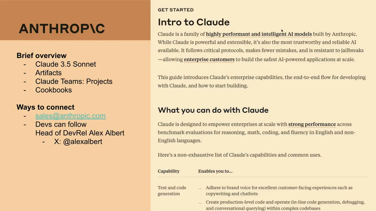 Anthropic slide listing Claude 3.5 Sonnet, Artifacts, Claude Teams: Projects, and Cookbooks beside an Intro to Claude page.