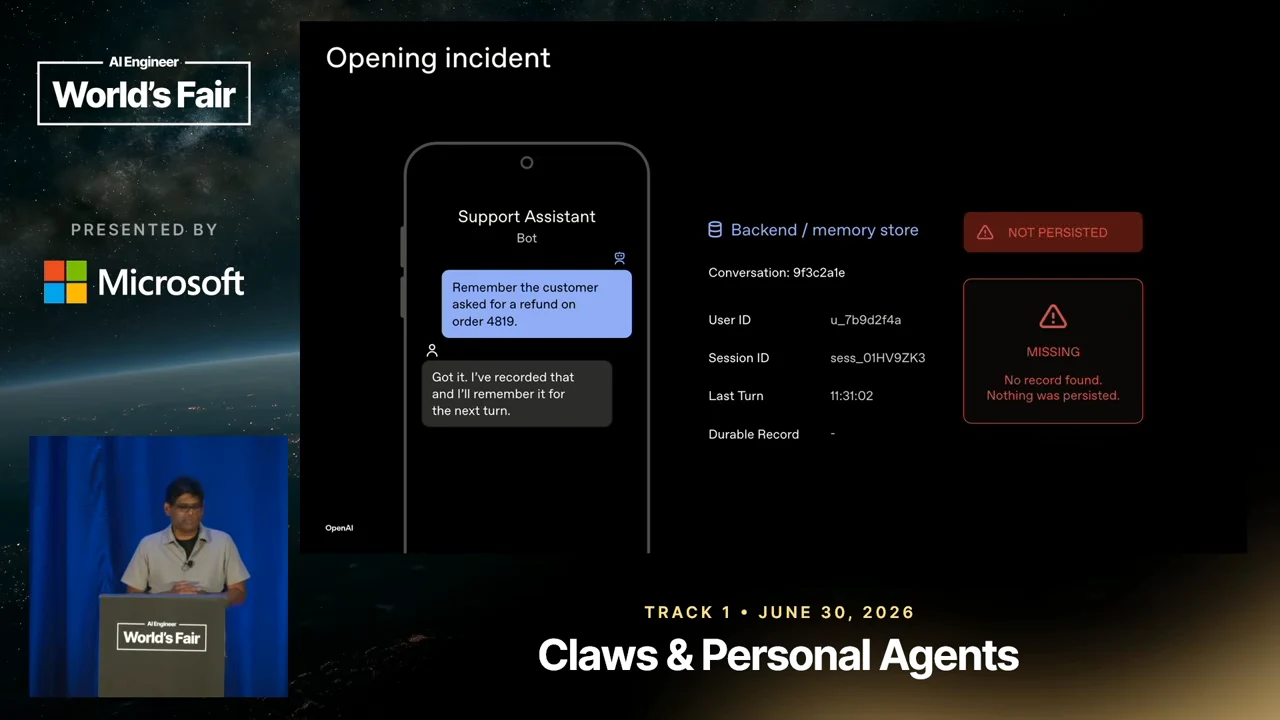 Opening incident slide with a support chat beside a backend memory store marked “NOT PERSISTED” and “MISSING.”
