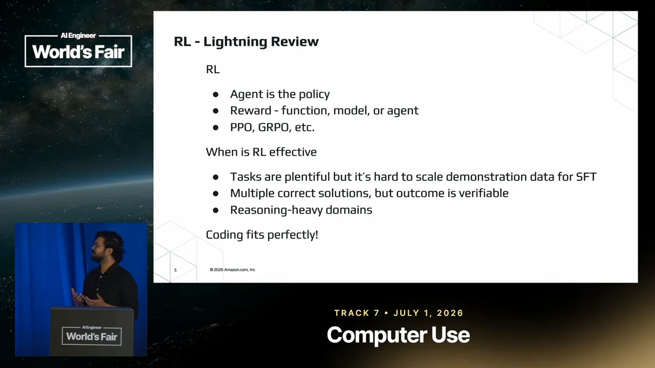 RL – Lightning Review slide lists the agent as policy, reward sources, PPO and GRPO, and three conditions favoring RL: plentiful tasks, verifiable outcomes with multiple solutions, and reasoning-heavy domains.