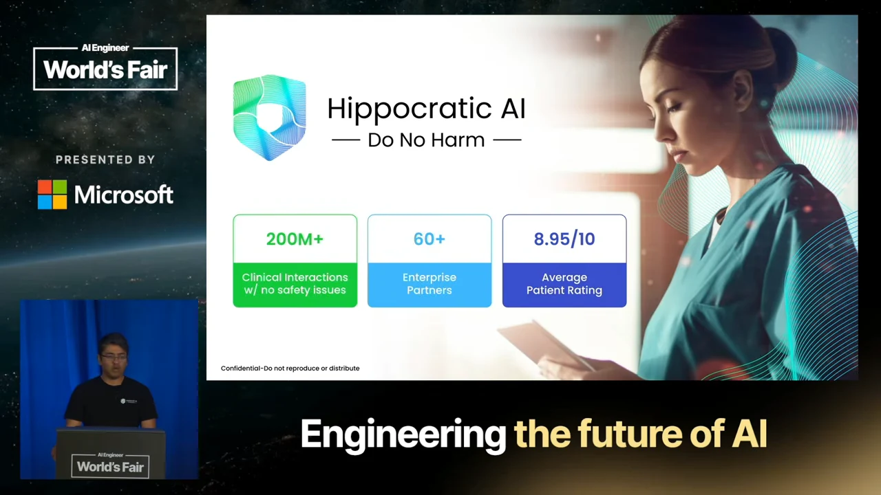 Hippocratic AI slide with “Do No Harm,” a clinician image, and three boxes showing 200M+ clinical interactions without safety issues, 60+ enterprise partners, and an 8.95/10 average patient rating.