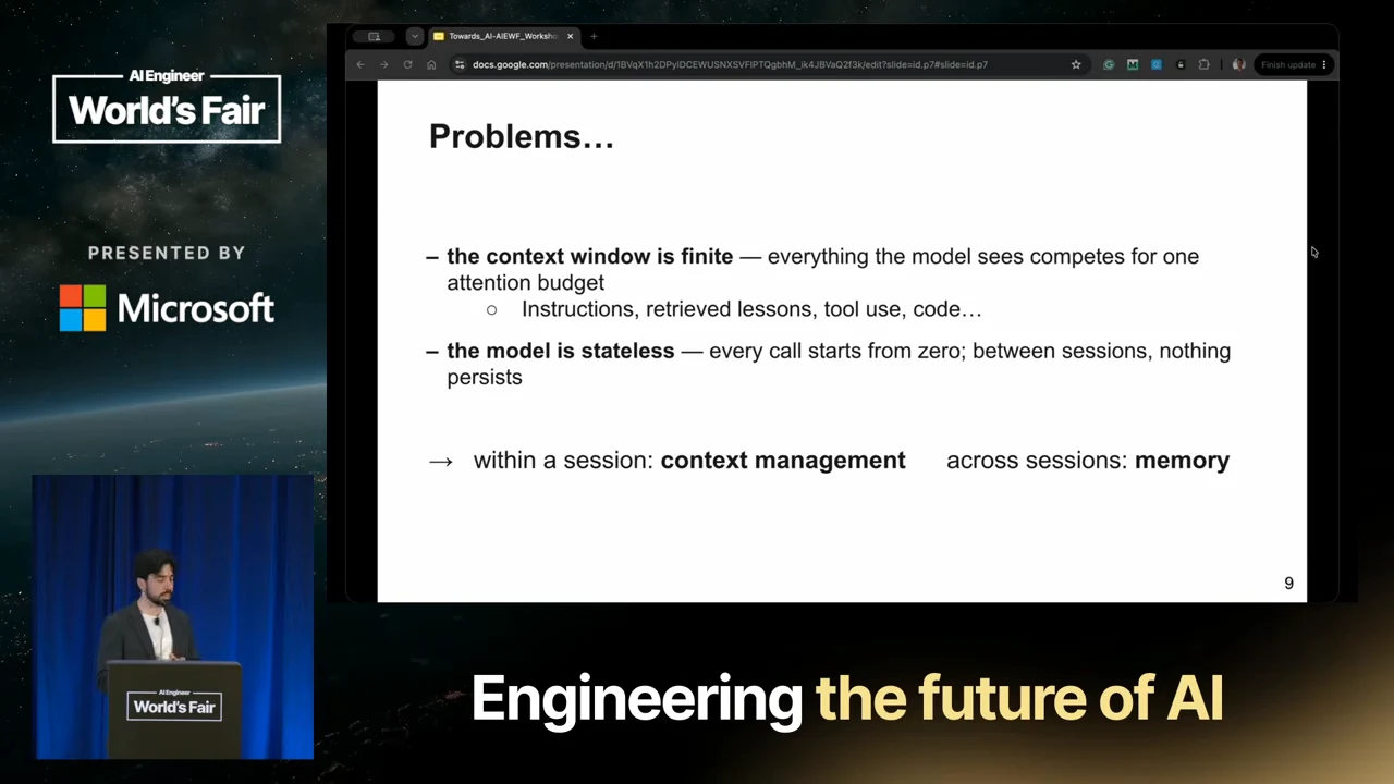 “Problems…” slide lists a finite context window and a stateless model, then distinguishes context management within a session from memory across sessions.