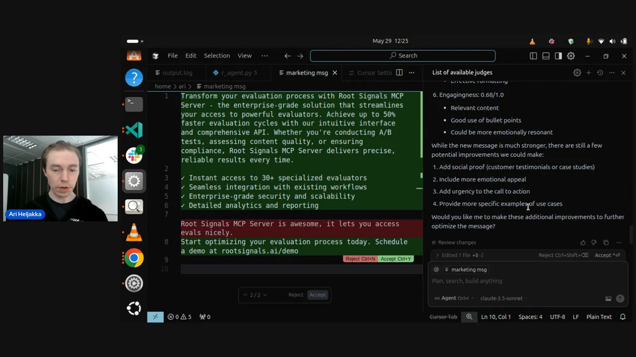 Cursor editor showing green additions and a red deletion in a marketing message, with evaluation feedback and four suggested improvements in the right panel.
