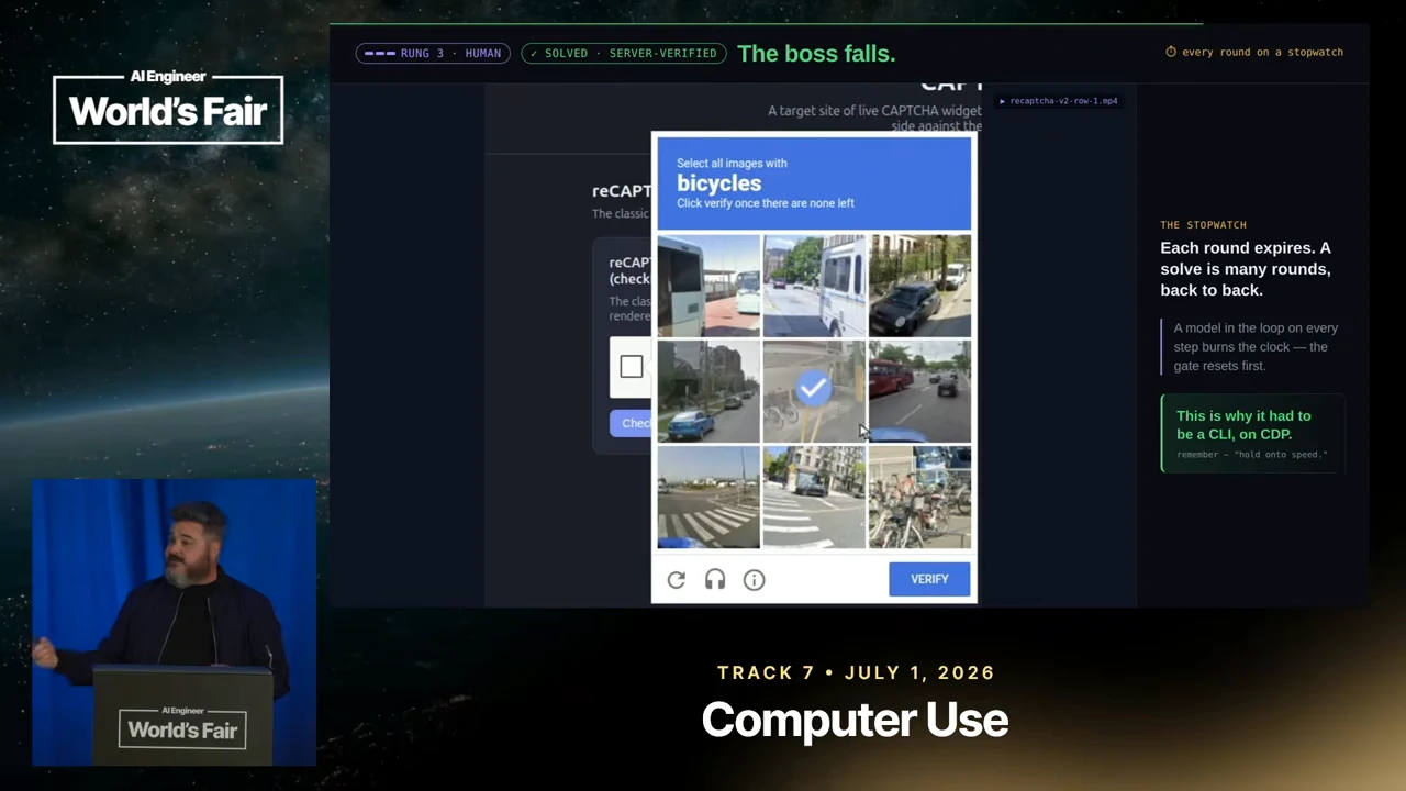 A reCAPTCHA bicycle grid with one tile checked, beside text about expiring rounds and the cost of a model call on every step.
