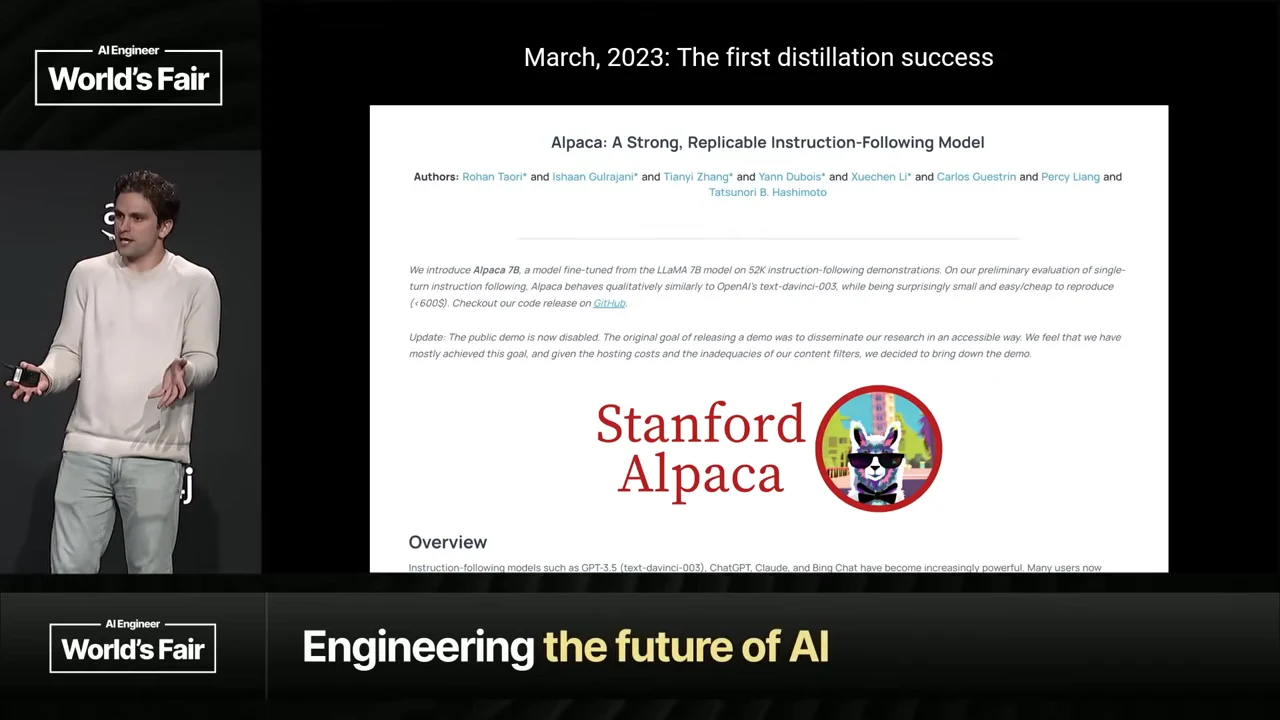 Slide titled “March, 2023: The first distillation success” showing the Alpaca article heading and Stanford Alpaca logo.