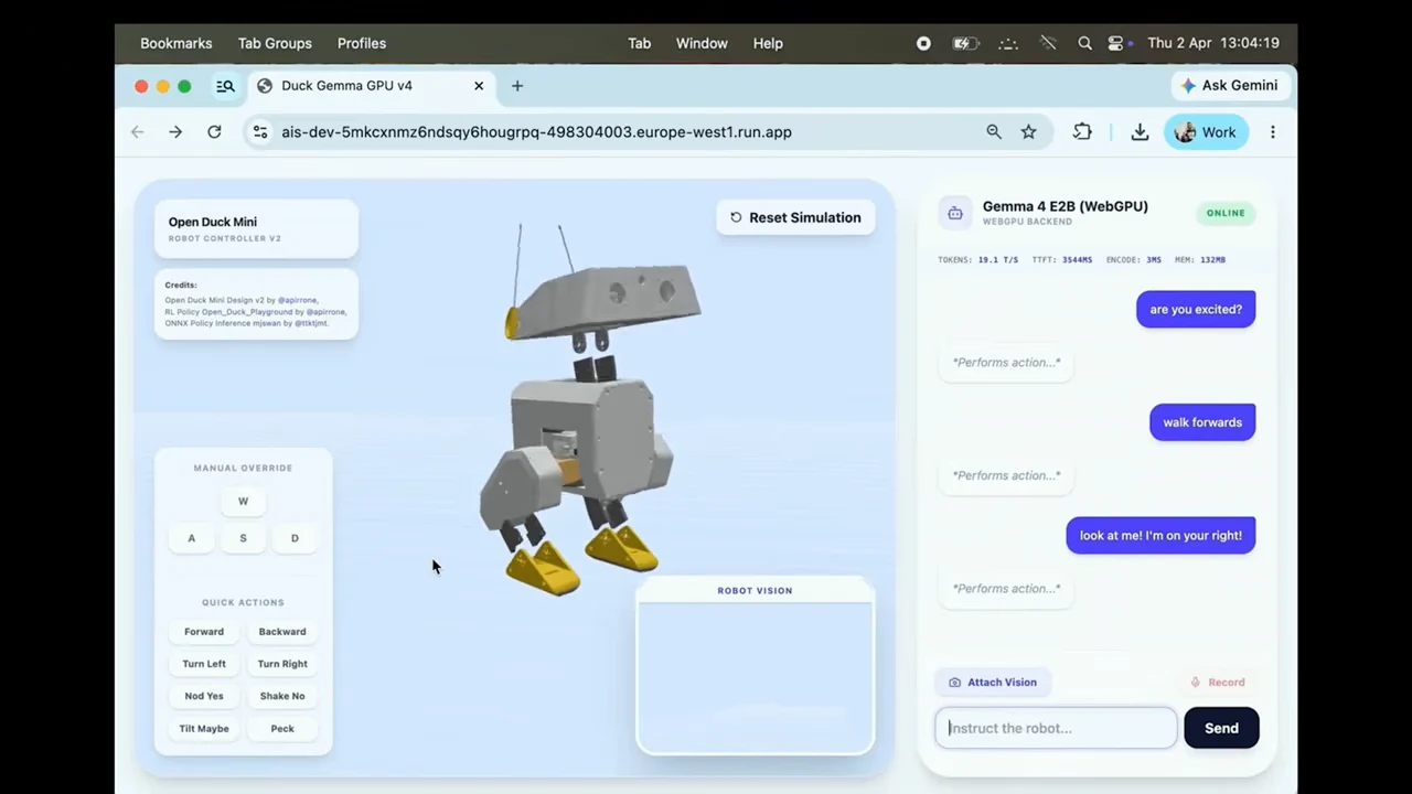 Browser-based Open Duck Mini simulator showing a turned robot beside commands including “walk forwards” and “look at me! I’m on your right!”, with action responses and manual controls.