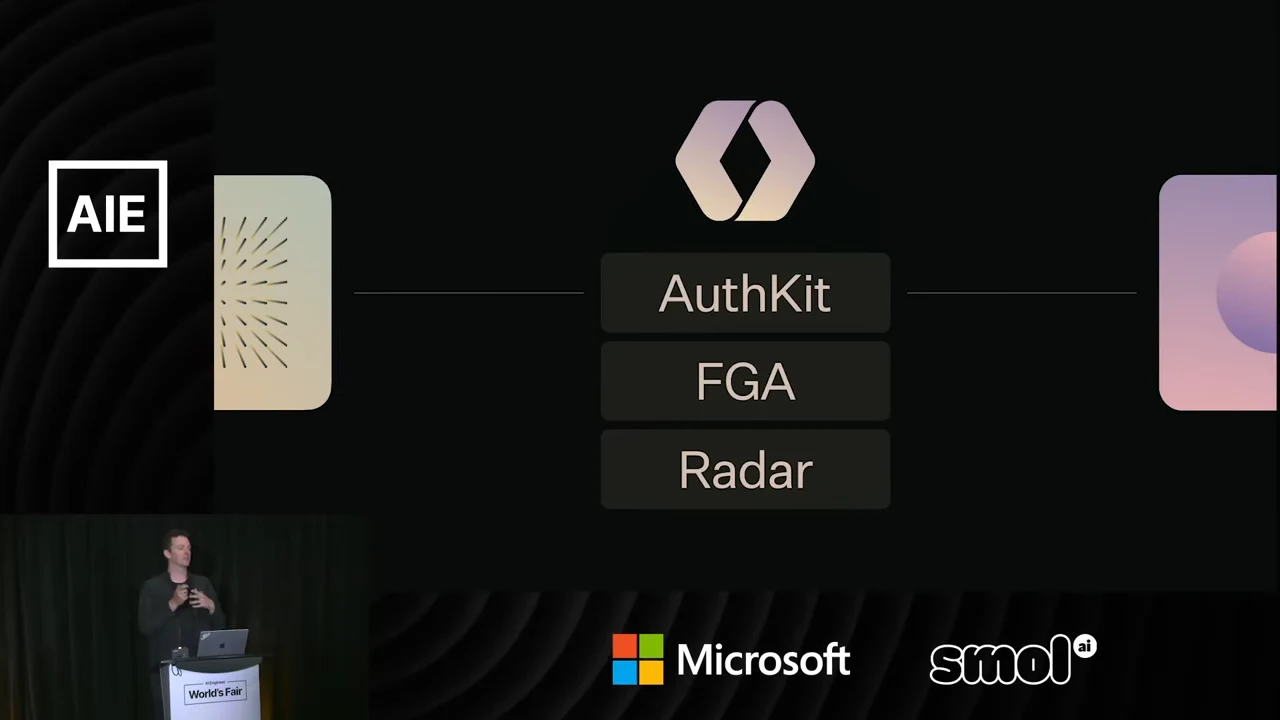 A logo above three stacked boxes labeled “AuthKit,” “FGA,” and “Radar,” connected horizontally to partially cropped icons on either side.