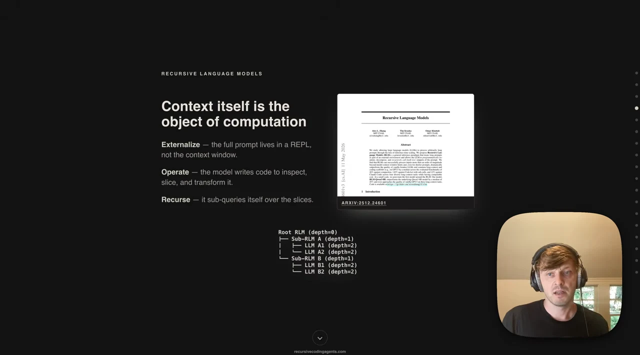 Slide listing Externalize, Operate, and Recurse beside the Recursive Language Models paper, with a branching RLM and LLM call tree below.