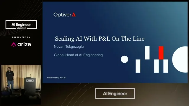 Optiver title slide for “Scaling AI With P&L On The Line,” presented by Noyan Tokgozoglu.