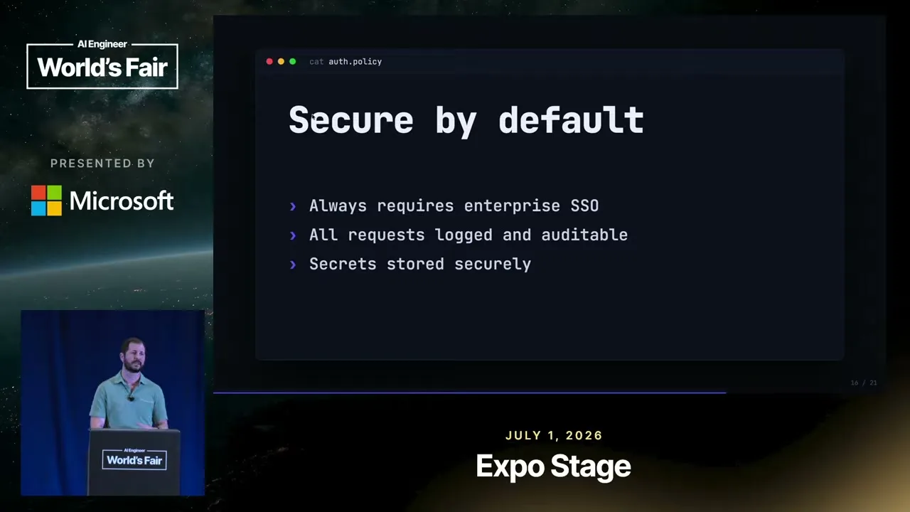 A slide lists enterprise SSO, logged and auditable requests, and securely stored secrets.