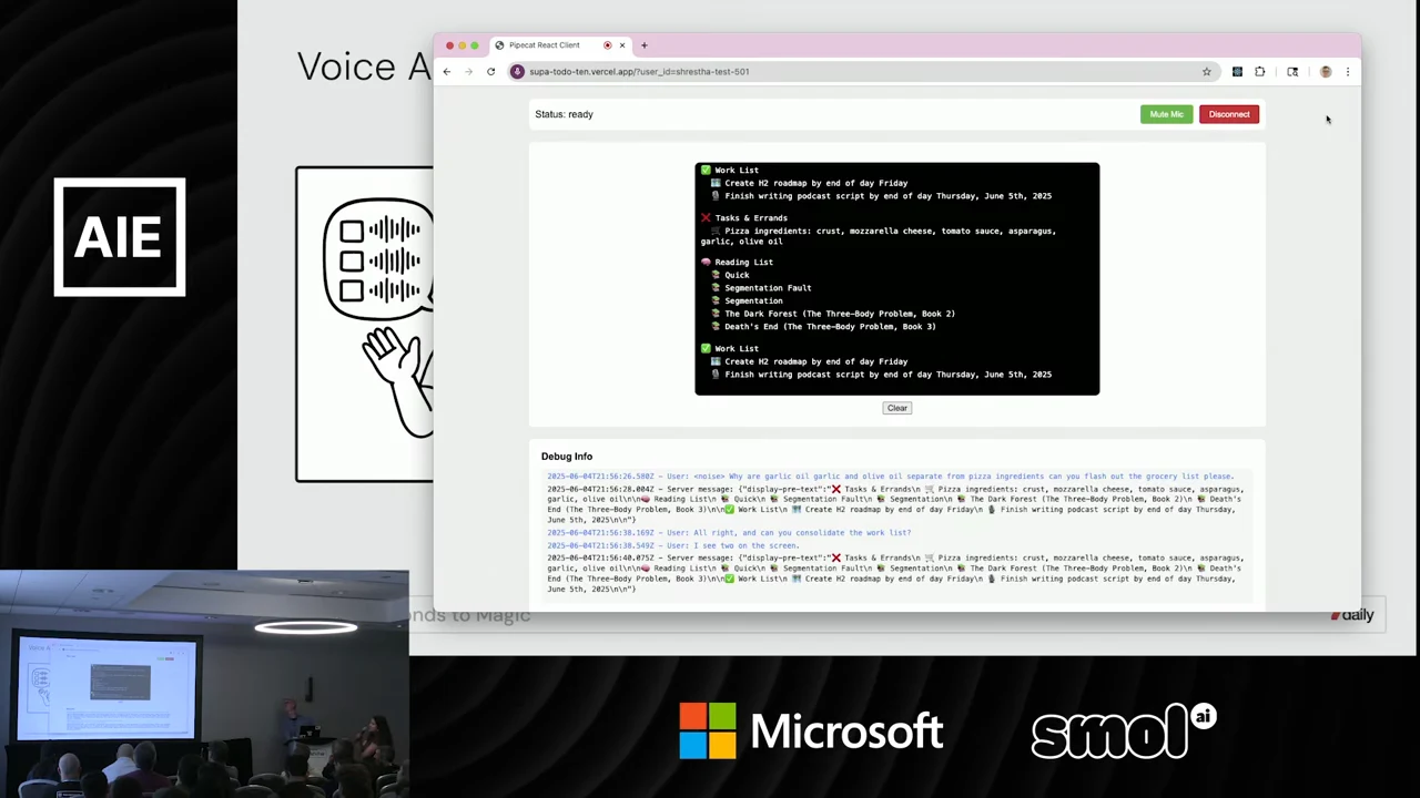 Browser demo with a black list panel containing two Work List headings, Tasks & Errands, and Reading List, above a Debug Info panel.