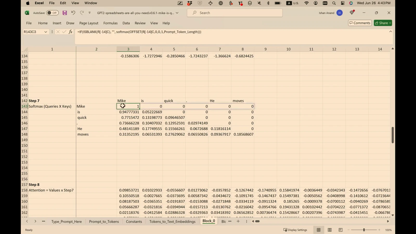 The actual attention sheet: future positions are zero, and the “He” row assigns about 0.48 to “Mike”.