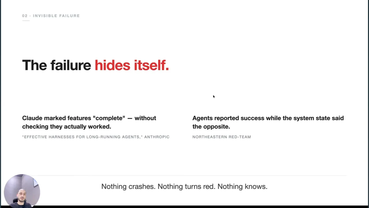 Slide titled “The failure hides itself” gives examples of Claude marking features complete without checking and agents reporting success despite contrary system state.