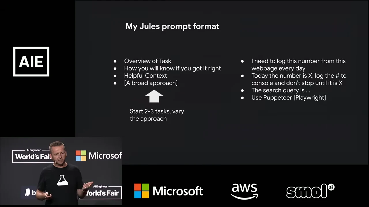 Slide lists task overview, how to know it is right, helpful context, and a broad approach, alongside a webpage-number logging example and Puppeteer and Playwright.