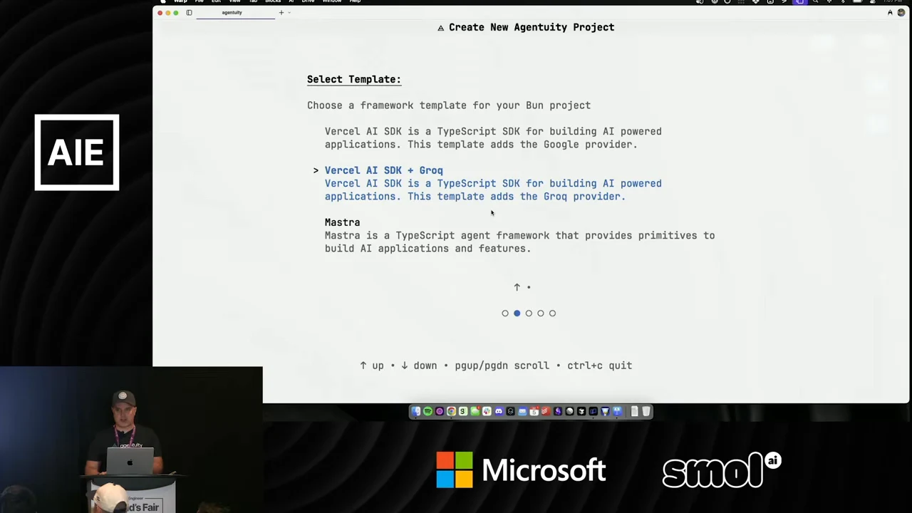 Agentuity project wizard on Select Template, highlighting Vercel AI SDK + Groq, with Mastra also visible.