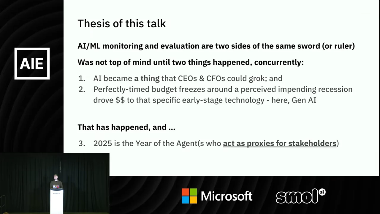 Thesis slide with three numbered points about executive understanding of AI, budget freezes directing spending toward GenAI, and agents acting as stakeholder proxies.